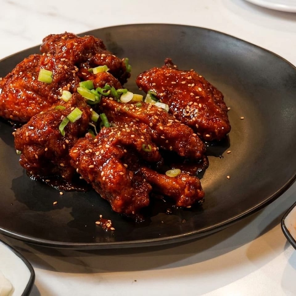 Sweet and spicy Korean fried chicken wings with sesame seeds and green onions, served with kimchi.