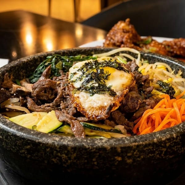 A stone bowl of bibimbap with beef, vegetables, and a fried egg, with kimchi and fried chicken in the background.