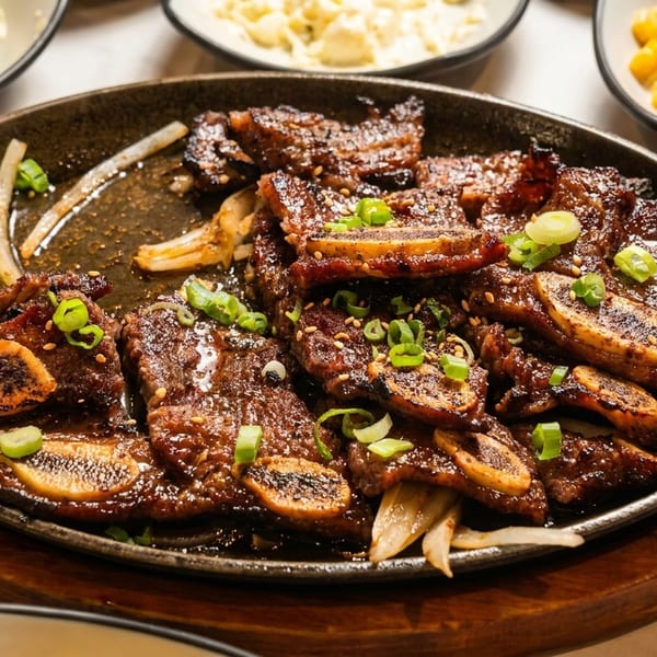 Sizzling Korean BBQ short ribs (galbi) with onions and green onions, surrounded by side dishes.
