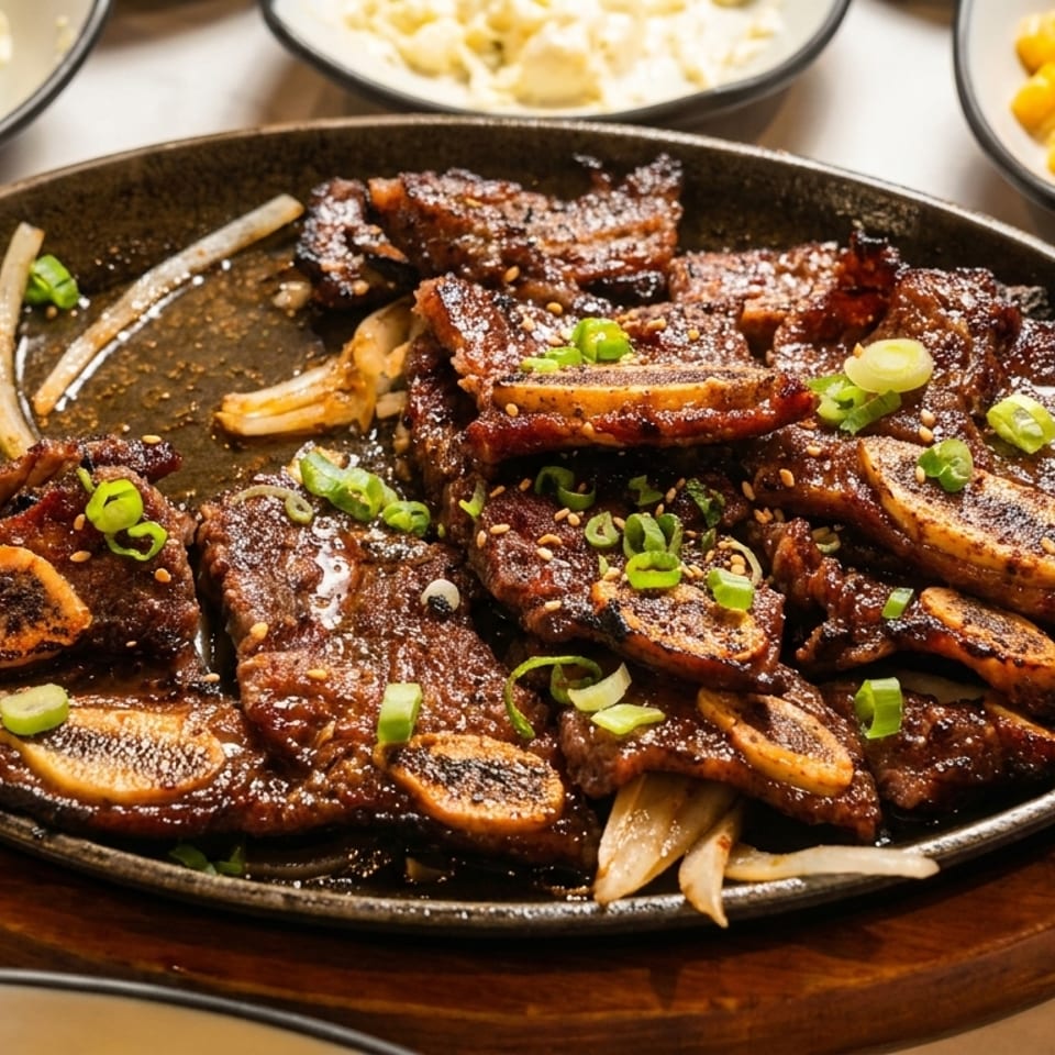 Sizzling Korean BBQ short ribs (galbi) with onions and green onions, surrounded by side dishes.