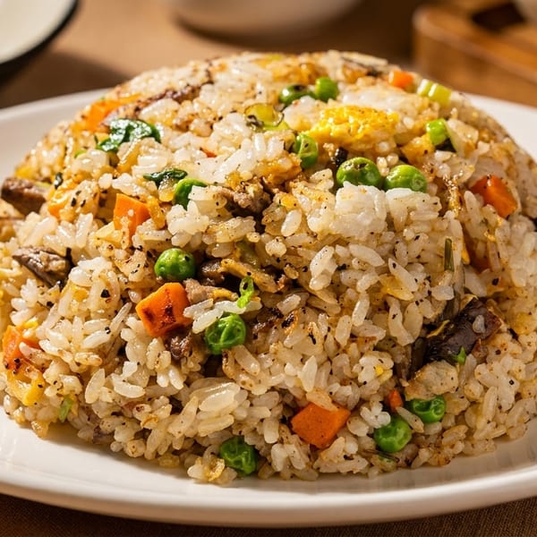 A mound of fried rice with peas, carrots, egg, and meat on a white plate.