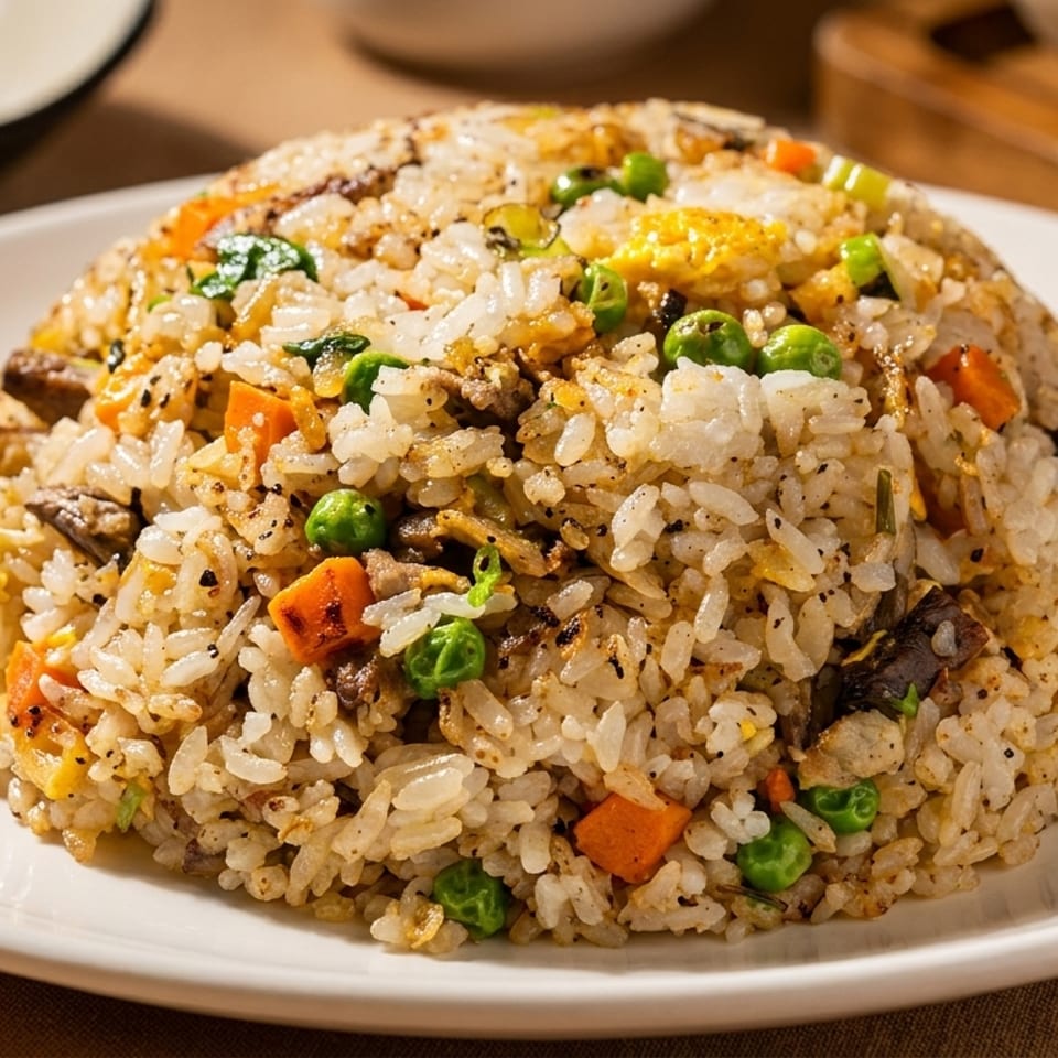 A mound of fried rice with peas, carrots, egg, and meat on a white plate.